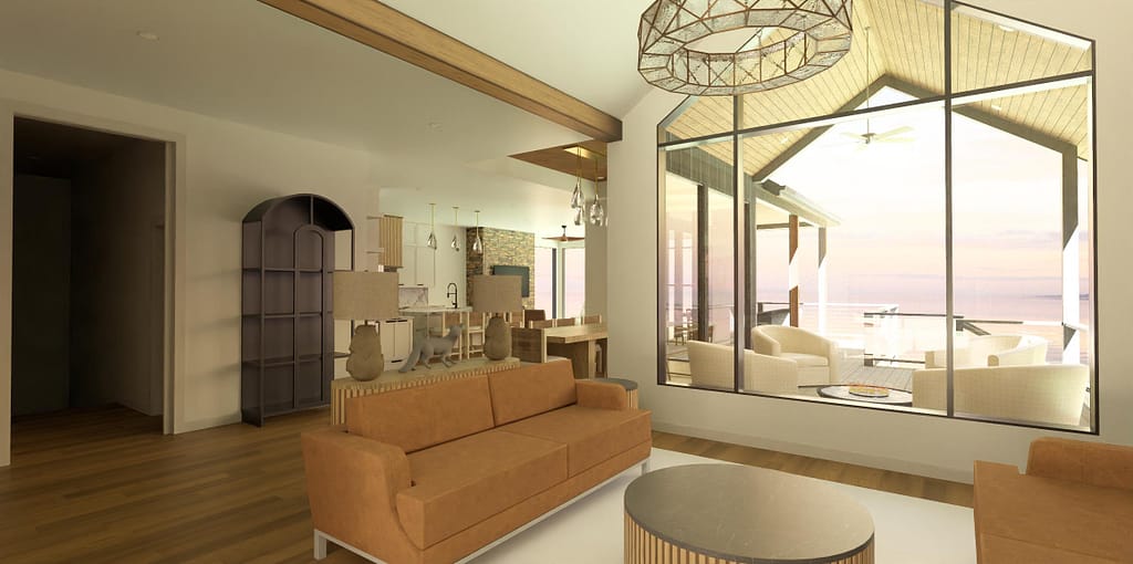 Modern living room with lake view