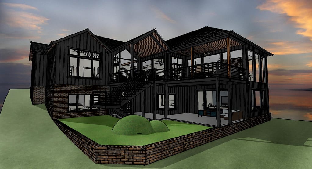 Computer rendering of a modern home with large windows and a turf for pets