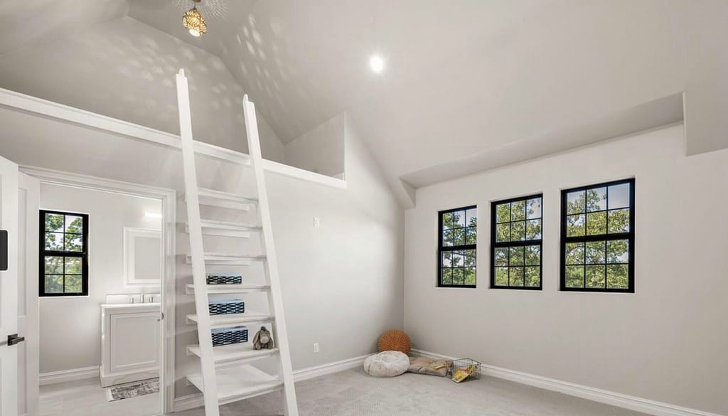 Modern bedroom with loft above