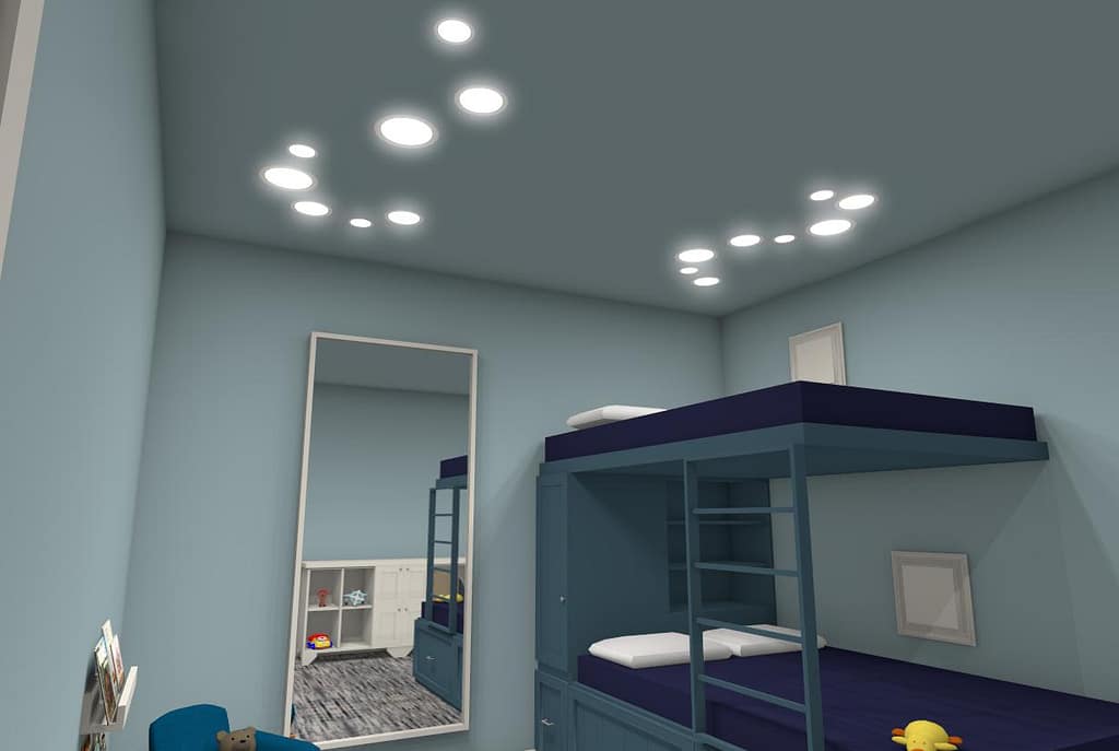 Bunk beds with modern ceiling lights.