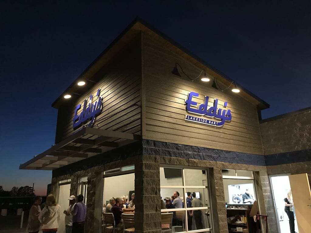Lakeside bar with outdoor seating