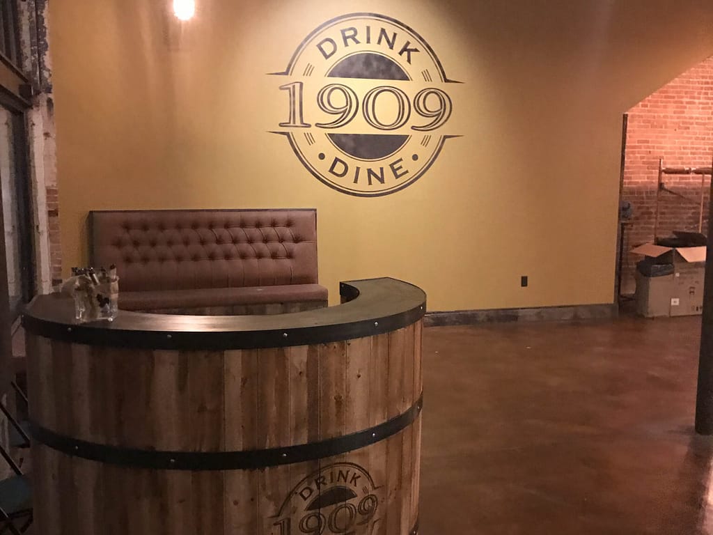 front counter with barrel theme at restaurant