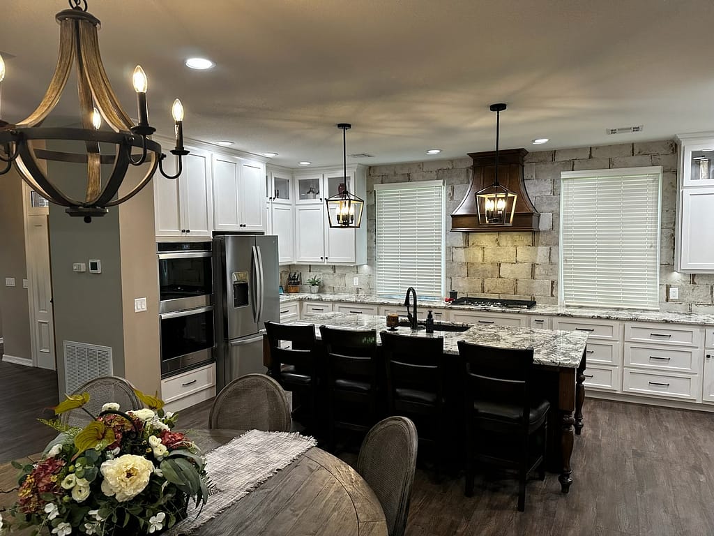 Kitchen with island and windows after remodel