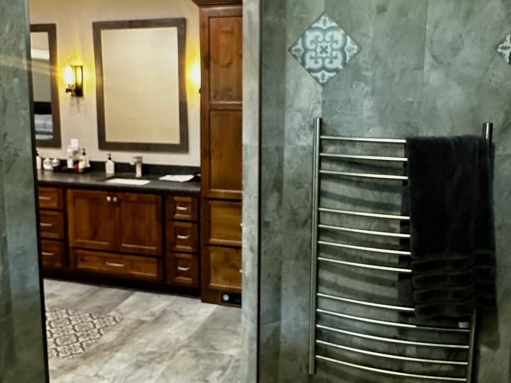 Master bath with double vanity after remodel