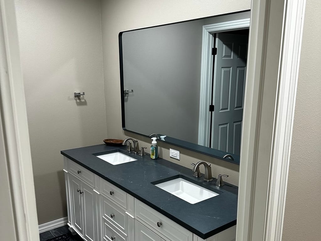 Bathroom with double vanity after remodel