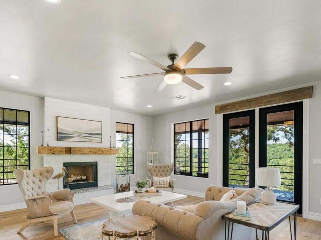 Large modern living room with fireplace