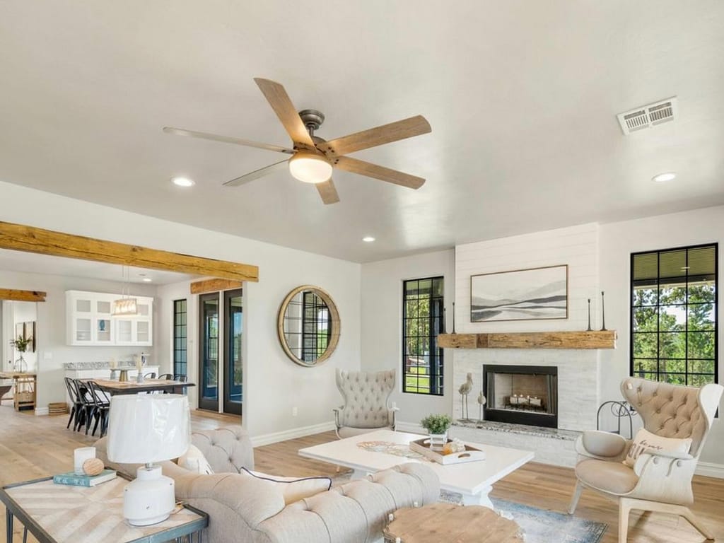 Large modern living room with fireplace